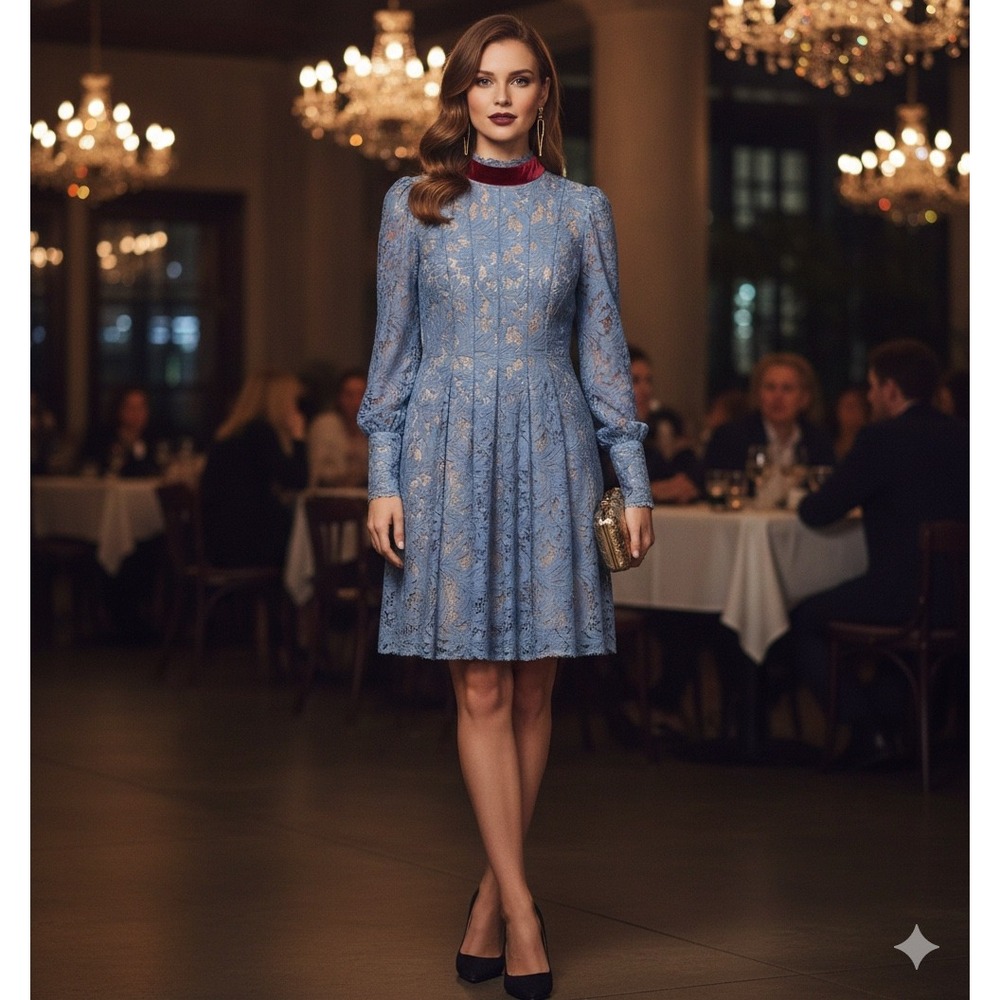 NWT! MSGM Milano Blue Floral Lace Mini Dress Velvet Neck Tie Sz 40 Coquette Lux